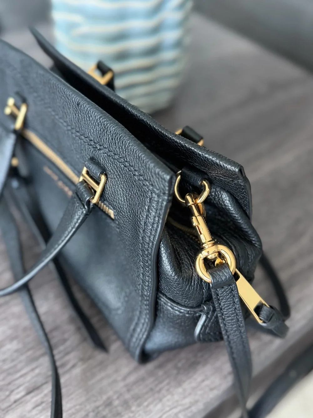 Marc Jacobs Black Pebbled Leather Satchel with Gold-Tone Accents